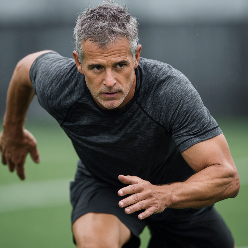 Athletic middle-aged person performing dynamic movement exercise with focus and determination